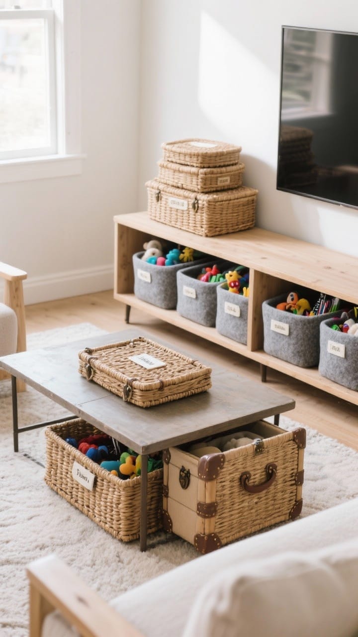 Living room storage vignette, straight-on: stacked lidded baskets under a console for hidden clutter, wool or felt bins for toys and craft supplies, and a trunk-style basket serving as a coffee table with hidden storage; labels tucked inside lids; cohesive natural basket tones with light wood furniture; bright, clean daylight for a practical yet stylish look.