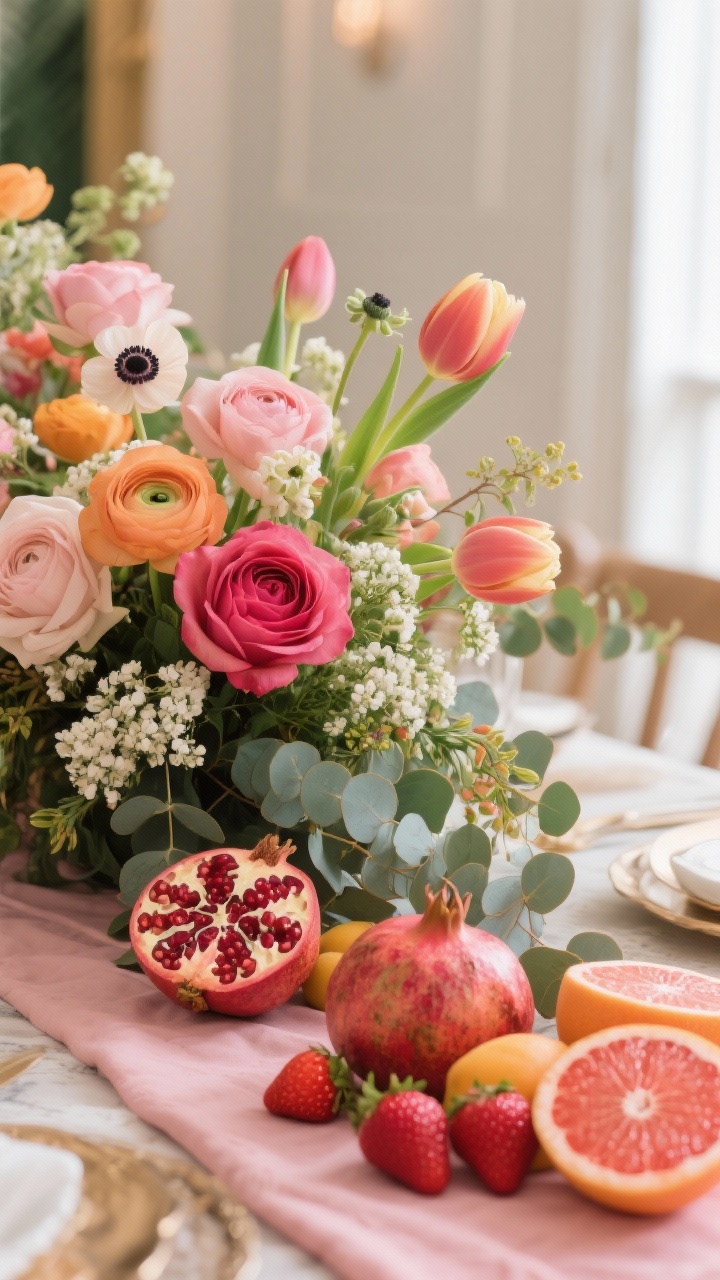 Lush, romantic centerpiece closeup: roses mixed with ranunculus, tulips, and anemones arranged over a base of eucalyptus and ruscus. Waxflower or baby’s breath adds texture. Along a blush runner, clusters of fresh fruit—halved pomegranates, strawberries, and sliced blood oranges—are placed beside the arrangement, not tucked inside. Soft, diffused daylight from the side, saturated colors, old-world glam meets farmers-market freshness.