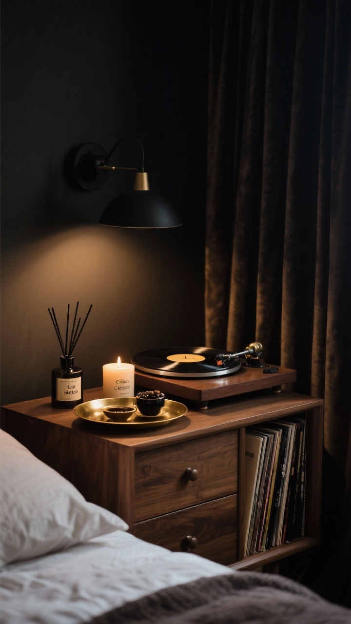 Medium atmospheric shot: A bedside scene with a diffuser and candles labeled cedar, tobacco, amber, leather, and black tea on a brass tray; a vintage-style record player on a wooden dresser with vinyl sleeves nearby; heavy dark curtains pooling to dampen sound and add mystery; dim, warm lighting suggesting a soft soundtrack in a cozy Dark Academia mood.