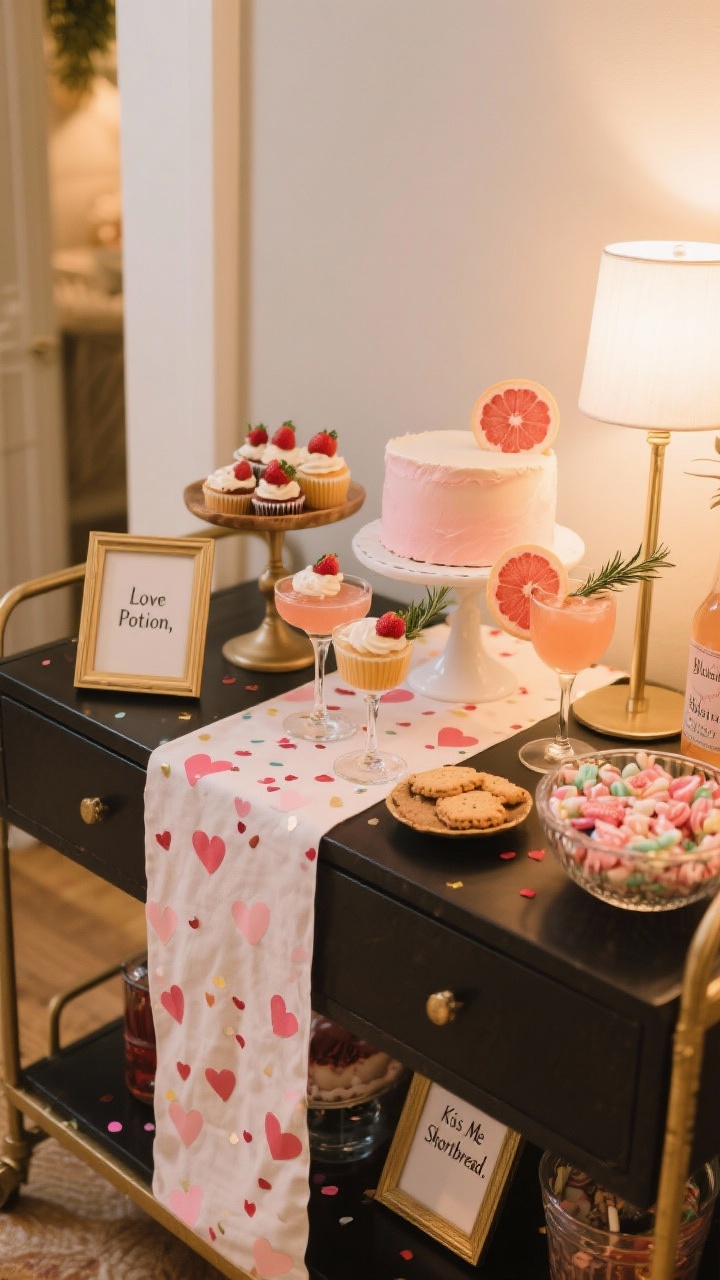 Medium bar cart scene: a curated dessert and drinks station with a runner draped over a console, paper heart confetti sprinkled, one hero dessert (velvet cupcakes or strawberry tiramisu) on a cake stand, a candy bowl, and a signature cocktail “Blushing Spritz” garnished with grapefruit slice and rosemary in coupe glasses. Mini frames label items: “Love Potion,” “Kiss Me Shortbread.” Warm, flattering lighting.