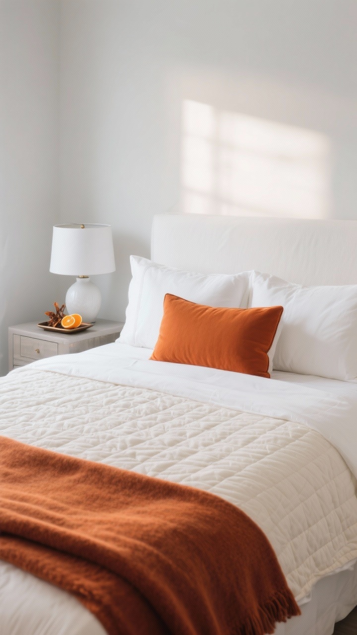 Medium bedroom shot: a serene bed with crisp white bedding, white linen sheets, and a quilted ivory coverlet layered for texture; a rust/burnt orange throw folded at the foot for a citrus pop; one pillowcase set swapped to warm orange among otherwise white pillows; a white ceramic lamp on the nightstand beside a small tray holding dried citrus; soft, diffused morning light for a boutique-hotel winter feel; straight-on or slight three-quarter angle.