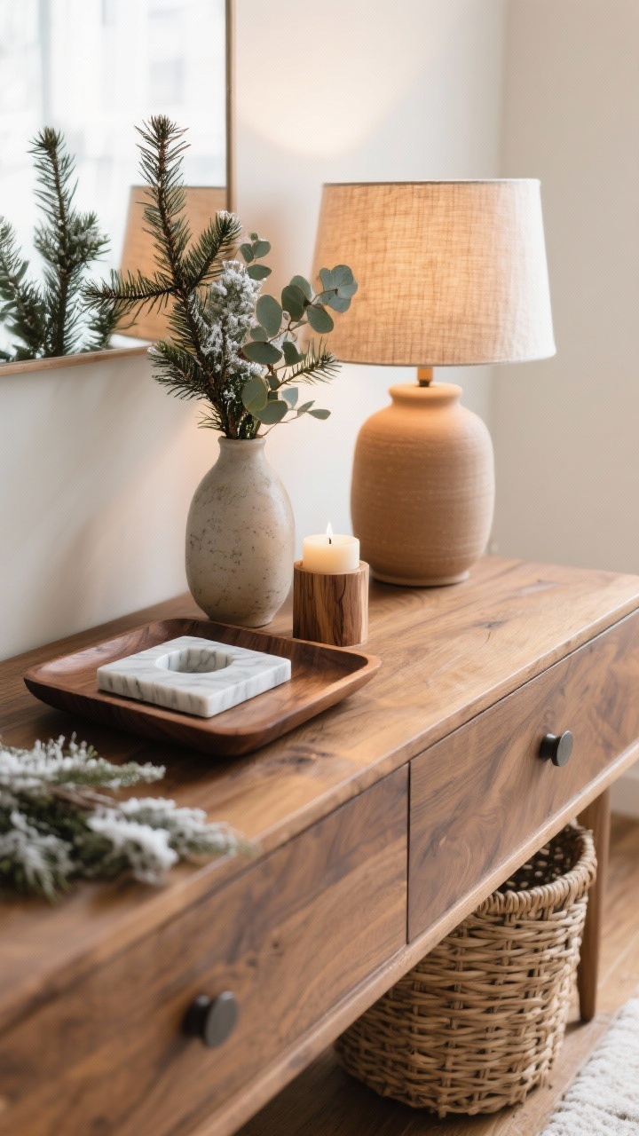 Medium-close shot of natural elements styled on a dresser: a walnut tray holding a marble catchall and a subtle woodsy candle; a ceramic vase with evergreen stems—cedar and eucalyptus—for a wintery, not holiday, feel; a clay lamp base with a warm linen shade; rattan basket on the floor edge for texture; soft daylight with a warm bulb from the lamp adding depth; straight-on framing to emphasize organic textures and earthy materials.