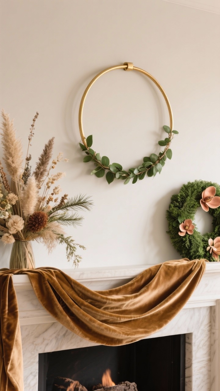 Medium closeup of a statement wreath above the mantel: oversized hoop wreath on a gold ring with minimal greens for modern simplicity; alternate option visible nearby—magnolia wreath showing rich green fronts and coppery backs; textural mix of dried florals, pampas, and cedar on the mantel; velvet or silk ribbon with long, casually draped tails; soft warm lighting highlighting textures; photorealistic.