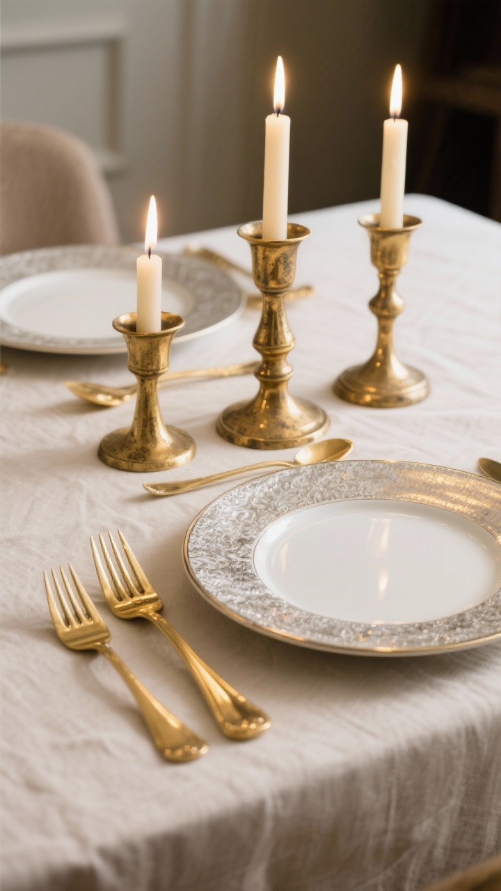Medium closeup of metallic touches: gold flatware set beside a place setting, brass candlesticks with soft patina, and a silver-rimmed charger plate—carefully balanced to show a hero metal (gold) repeated at least three times. The brass shows subtle aged character. Candlelight reflections add sparkle without overwhelming. Neutral linens keep focus on metal tones.