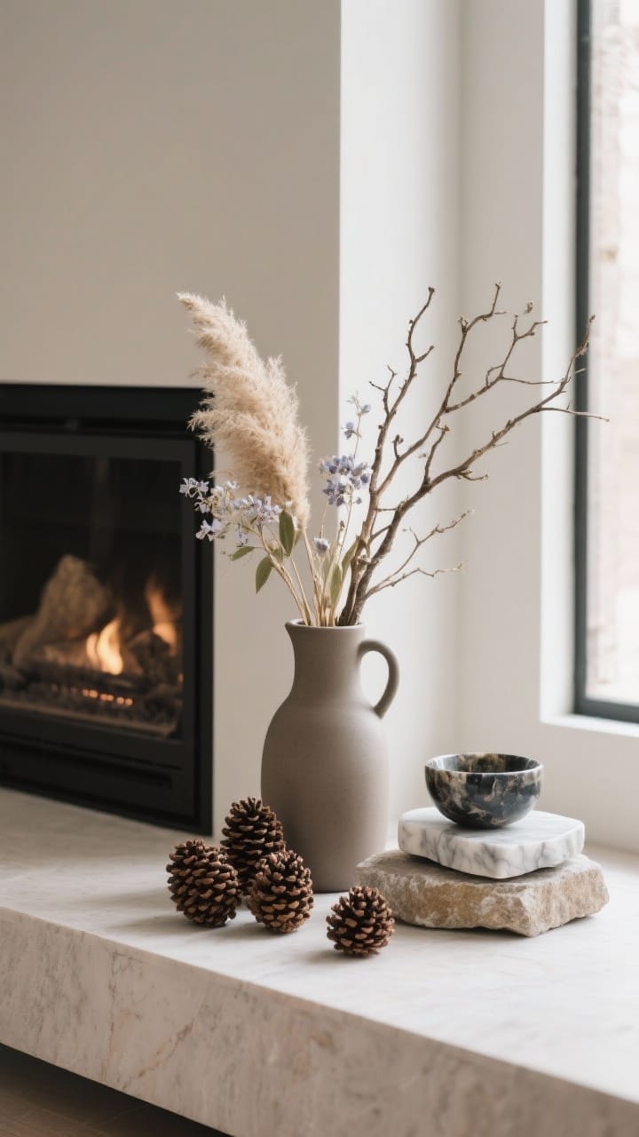Medium closeup of natural elements arranged by the fireplace: pinecones and bare branches in a matte ceramic pitcher for height, a small cluster of dried pampas and lunaria for soft drama, and stone accents—a marble coaster stack and a small onyx bowl—for weight; soft daylight from the side; corner angle to layer depth, photorealistic.
