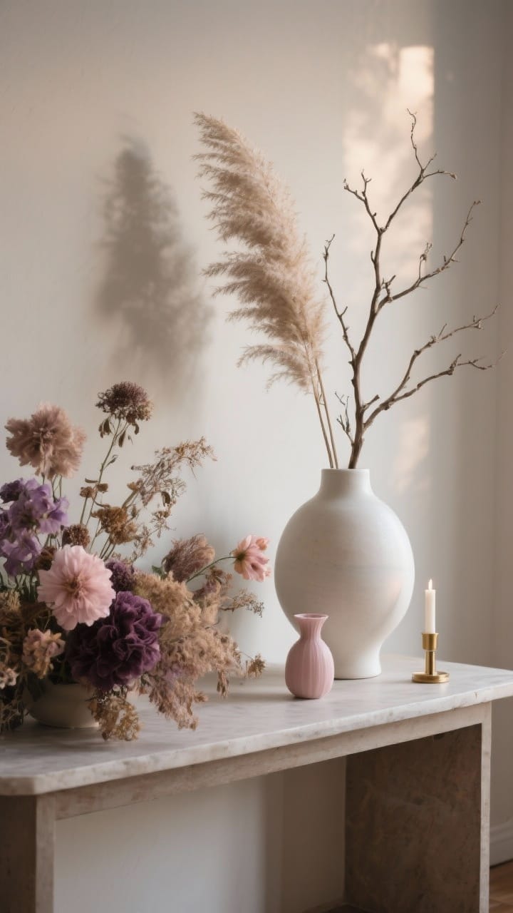 Medium console table styling: layered moody florals with one tall element (branchy stems or pampas grass), one sculptural ceramic vase in matte white, and two small accents (a blush bud vase and a single brass candle); muted blush and mauve blooms with dried textures; soft side lighting creating gentle shadows; neutral wall for a romantic, effortless composition.