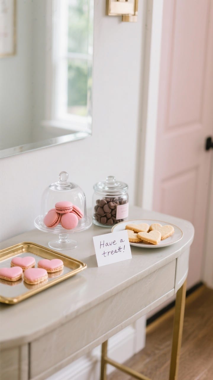 Medium console vignette of a mini treat station: a clear glass cloche covering pink macarons, a lidded jar of chocolates, and a plate of heart-shaped shortbread on a brass-edged tray; small handwritten note card reading “Have a treat”; color-coordinated with the entry palette; bright but soft natural light for cleanliness and chic appeal.