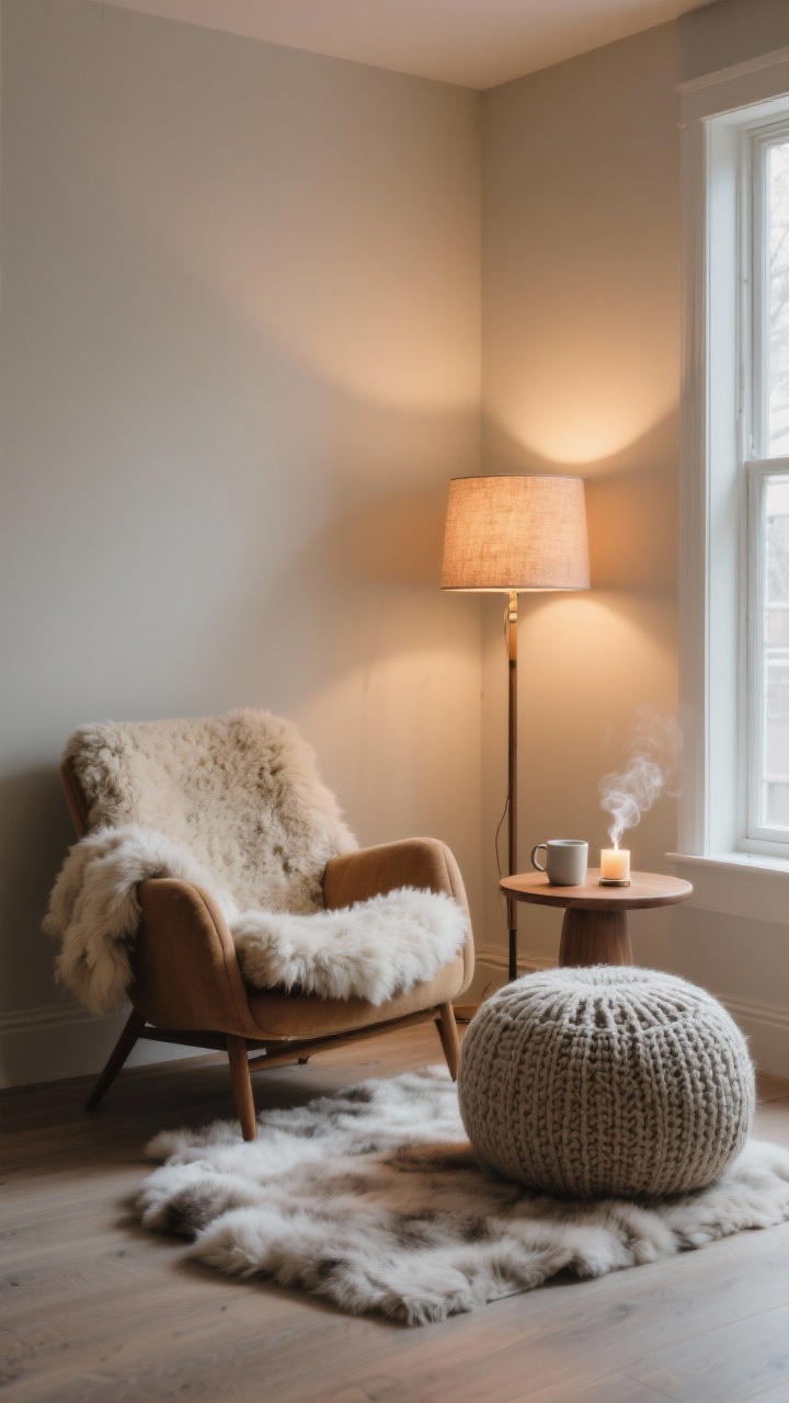 Medium corner angle of a dedicated winter nook: a comfortable lounge chair with a faux sheepskin draped over it, a knitted pouf, and a warm-shaded floor lamp forming the “chair + pouf + lamp” trio; a small round side table holding a steaming mug and a candle; a soft fur throw layered on the floor; subtle diffuser steam or candle glow; intimate, cocooned mood; photorealistic.