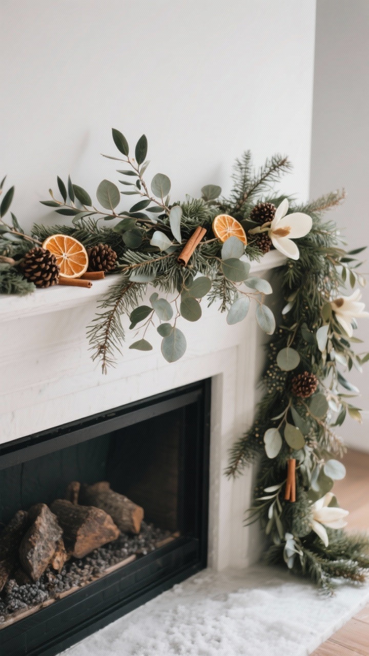 Medium corner angle of a mantel with an asymmetrical garland that drapes off one side: faux cedar/pine base layered with seeded eucalyptus, olive branches, and magnolia leaves; dried orange slices, pinecones, and cinnamon sticks tucked in; loose, organic styling; subtle natural daylight with a hint of winter gloom; photorealistic botanical textures.