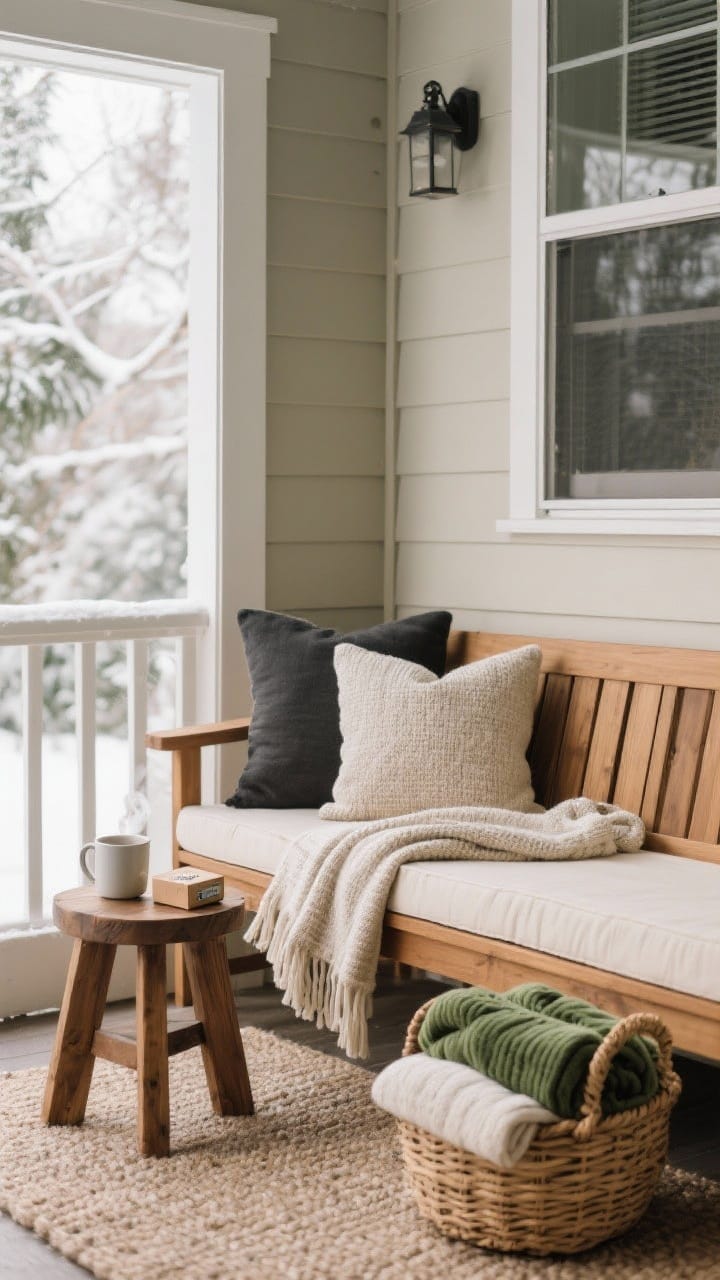 Medium corner angle of porch seating: a teak or polywood bench with textured neutral outdoor cushions and a washable throw blanket, a small wooden stool side table holding a steaming mug and small package, and a woven basket on the floor with extra folded throws. Weather-ready styling, calm winter daylight; palette: warm wood, cream, charcoal, and subtle pine green accent.