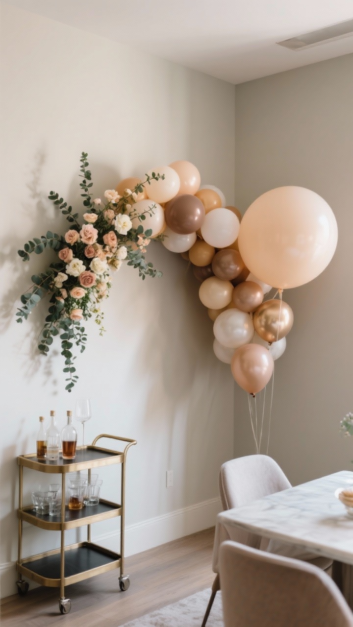 Medium corner shot: a chic balloon and floral half-arch starting at one corner of a dining area over a bar cart, mixing mini, standard, and a few giant balloons in a tight palette; faux flowers and eucalyptus sprigs tucked in with glue dots for a lush finish. Neutral wall backdrop, subtle shadows, photorealistic depth.