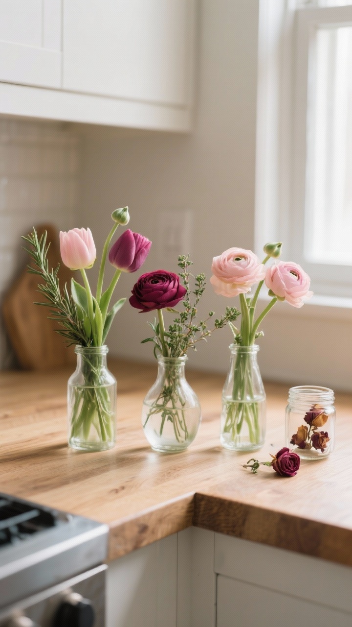 Medium detail: A clustered trio of small bud vases on a wood counter with ranunculus, tulips, and roses in soft blush and berry shades; mixed heights and shapes, sprigs of rosemary and thyme tucked among blooms for a kitchen-friendly scent; a small jar with a few dried roses to the side; soft window light accentuating petals and glass.
