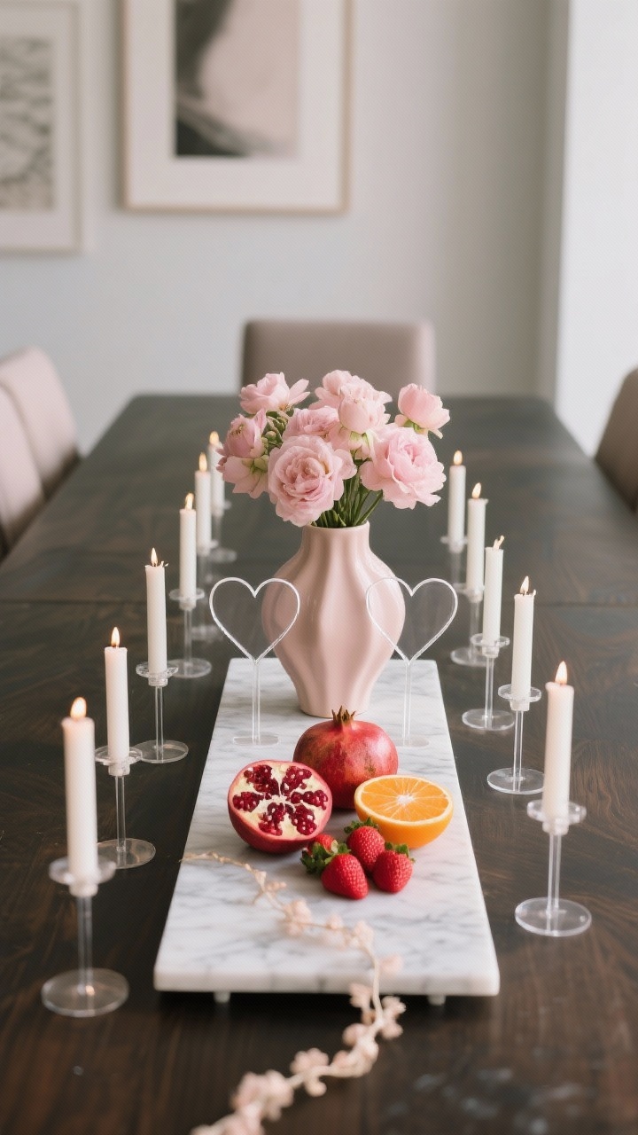 Medium dining table centerpiece focus: a modern themed centerpiece without kitsch—monochrome blush florals in a sculptural ceramic vase, alongside minimal hearts cut from acrylic on small stands, a marble board artfully arranged with pomegranates, blood oranges, and strawberries, and staggered taper candles trailing down the center with a delicate garland. Gallery-like, refined mood.