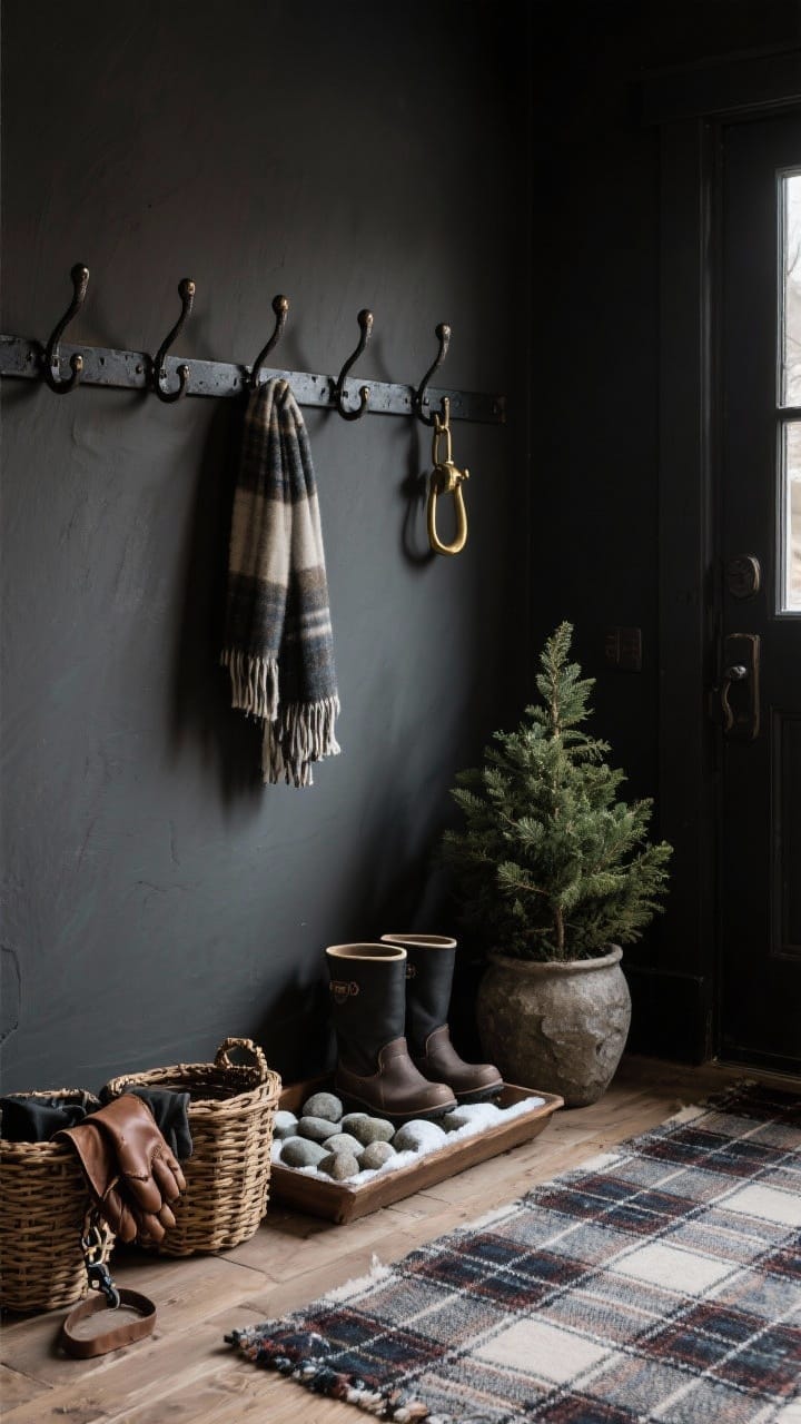 Medium entryway scene: moody, nature-forward foyer with black iron wall hooks holding scarves, an aged brass hook among them, a boot tray filled with smooth river stones catching snow from boots, woven and leather baskets for gloves and leashes; a mini evergreen in a stone crock; plaid runner on the floor; subdued, slightly shadowy lighting for lodge vibe, corner angle.