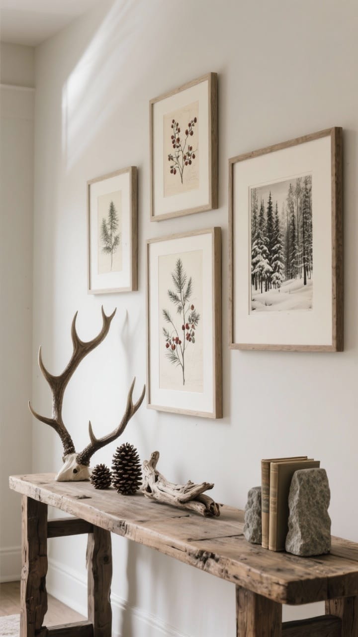 Medium gallery wall and console: wilderness-inspired art and objects—vintage winter landscape prints in muted palettes, botanical sketches of pine and winter berries, black-and-white photography of snowy forests; styled with natural objects: antler replicas, pinecones, a piece of driftwood, and stone bookends grouped in threes on a reclaimed wood console; soft directional light, angled view.