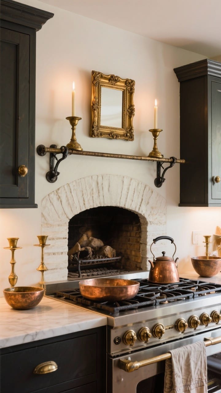 Medium kitchen and mantel vignette: mixed metals for old-world charm—aged brass candleholders and a vintage brass frame on a mantel, iron curtain rods and dark iron cabinet hardware grounding the space, copper kettle and bowls adding warmth on a stove shelf; each metal repeated at least twice; warm ambient lighting reflecting softly off the metals; straight-on.