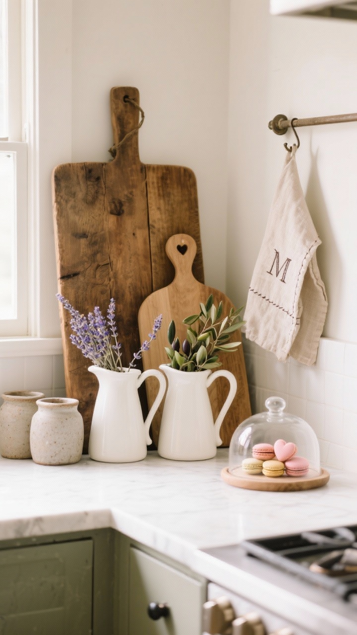 Medium kitchen countertop vignette from a slight corner angle: large rustic wooden breadboard propped at back; trio of curvy white ceramic pitchers filled with dried lavender and olive branches; a small heart-shaped cutting board leaned in front. Add a couple of stoneware crocks and a petite glass cloche covering macarons or sugar hearts. A linen tea towel with stitched initial hangs from a peg. Bright but soft daylight, warm farmhouse mood.