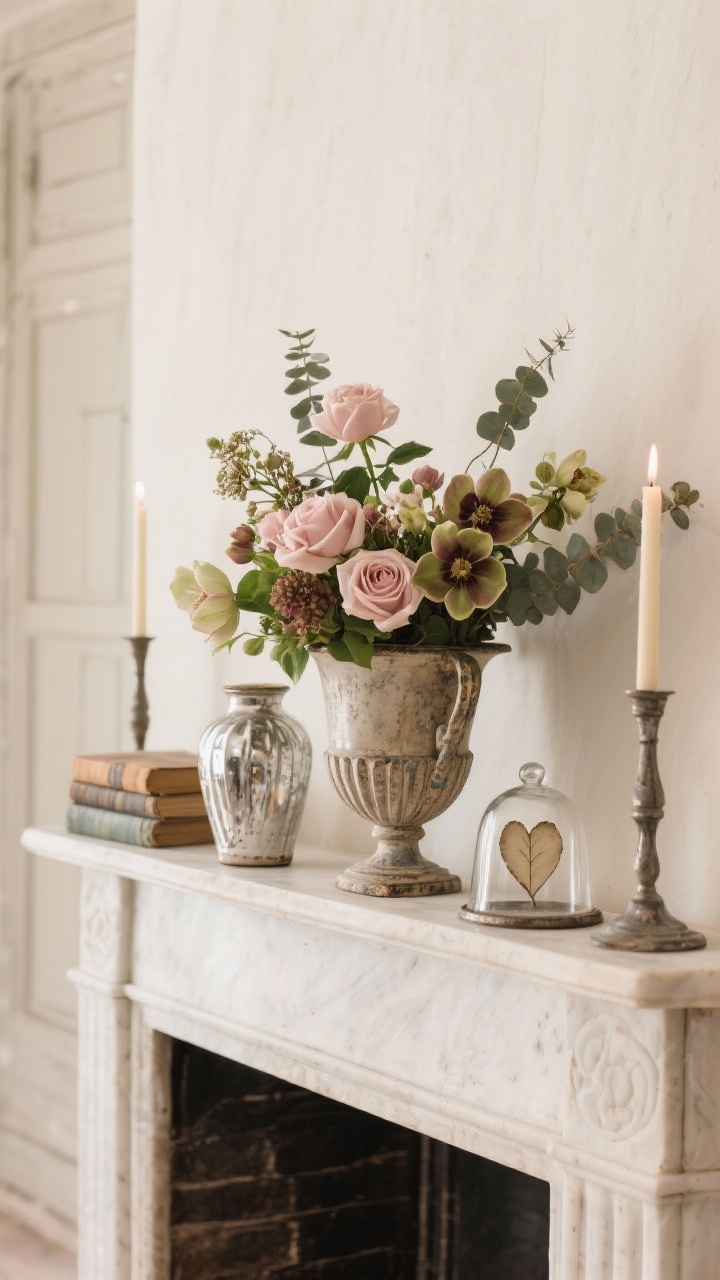 Medium mantel/console arrangement from a slight side angle: a vintage urn holding a loose, asymmetrical bouquet of garden roses, hellebores, and eucalyptus; two smaller vessels (ironstone and mercury glass) flanking. Taper candles at varied heights for soft drama. Scatter a few antique books and a mini cloche displaying a pressed heart. Palette of cream, dusty rose, olive, tarnished silver; gentle, diffused light for effortless French farmhouse elegance.