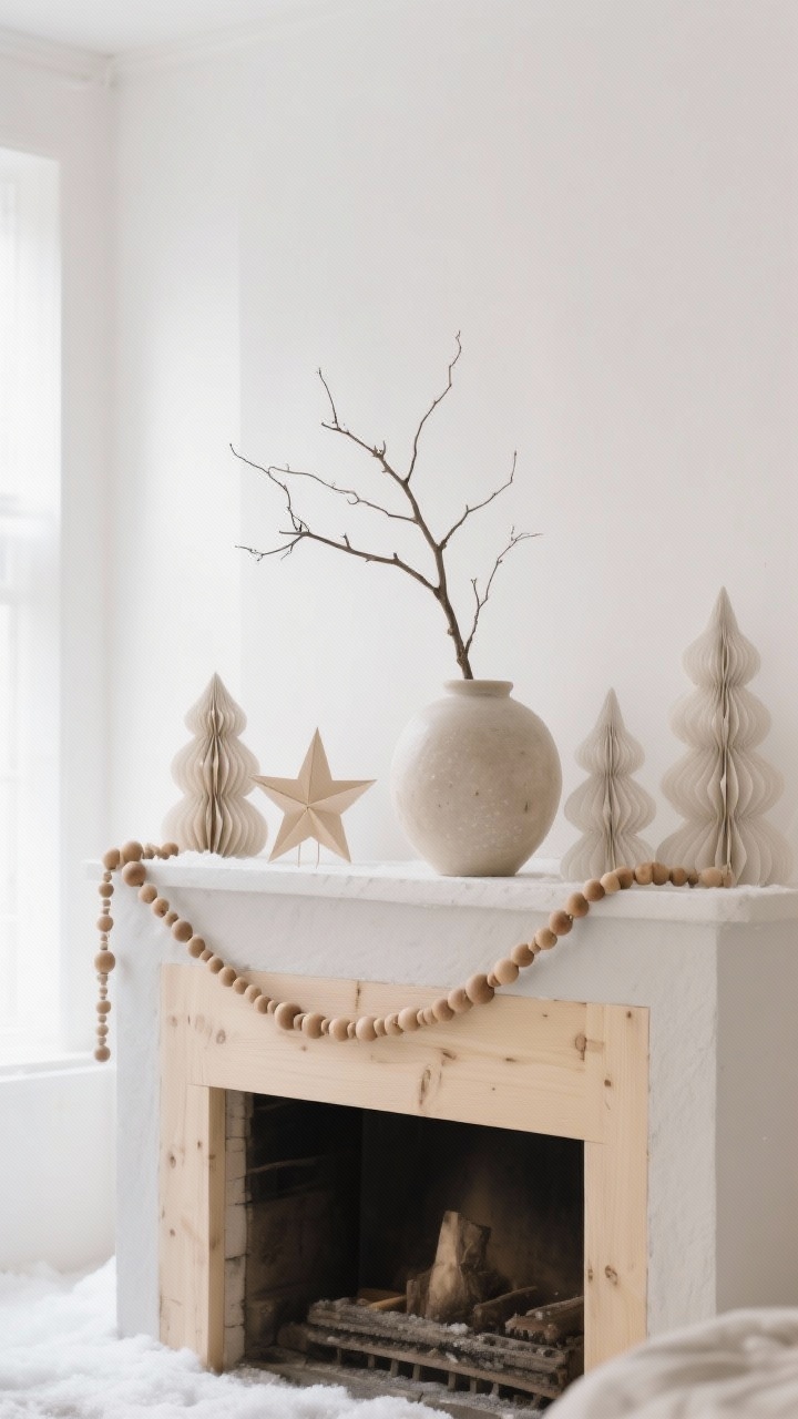 Medium, minimal Scandinavian mantel composition: palette of white, oatmeal, pale gray, and blonde wood; one large organic ceramic vase holding a single bare branch; a couple of wood bead garlands draped lightly; sculptural paper star ornaments and pleated paper trees adding texture; lots of negative space; bright diffuse daylight for a calm, snowy mood; photorealistic.