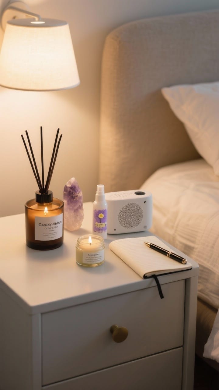 Medium nightstand scene focusing on ritual: a cedar-vetiver candle and a smoky vanilla reed diffuser, a small crystal, linen spray labeled lavender-chamomile, hand balm jar, and a journal with a pen; a compact white noise machine in the background; low, warm bedside lighting creating a calm, sensory sanctuary; uncluttered, soothing composition.