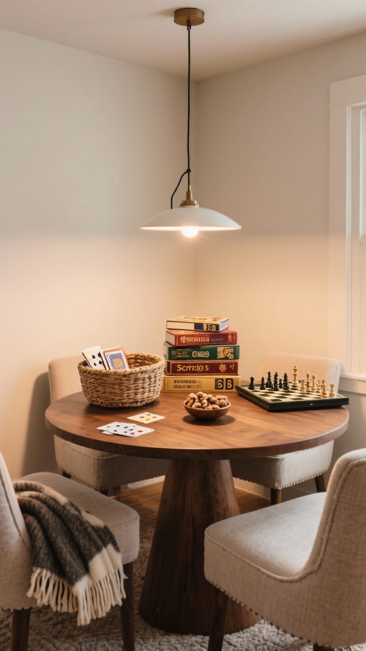 Medium nook scene: game-night corner with a round wood table and two to four cozy upholstered chairs, a woven basket holding blankets and a deck of cards on top, a neatly stacked pile of classic board games (chess, backgammon, Scrabble) in handsome boxes; pendant or task lamp overhead creating a focused pool of warm light; small bowl of mixed nuts on table; corner perspective.