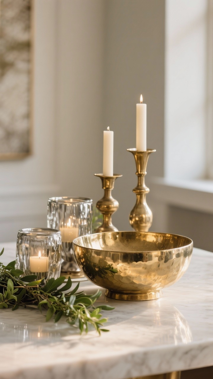 Medium off-center composition highlighting metallic mix: aged brass paired with brushed nickel or antique gold with mercury glass, limited to two metal tones; a cluster of three to five metallic objects off-center—one large bowl with smaller candlesticks and votives; fresh greenery woven in to soften shine; soft, warm reflections without glare; photorealistic.
