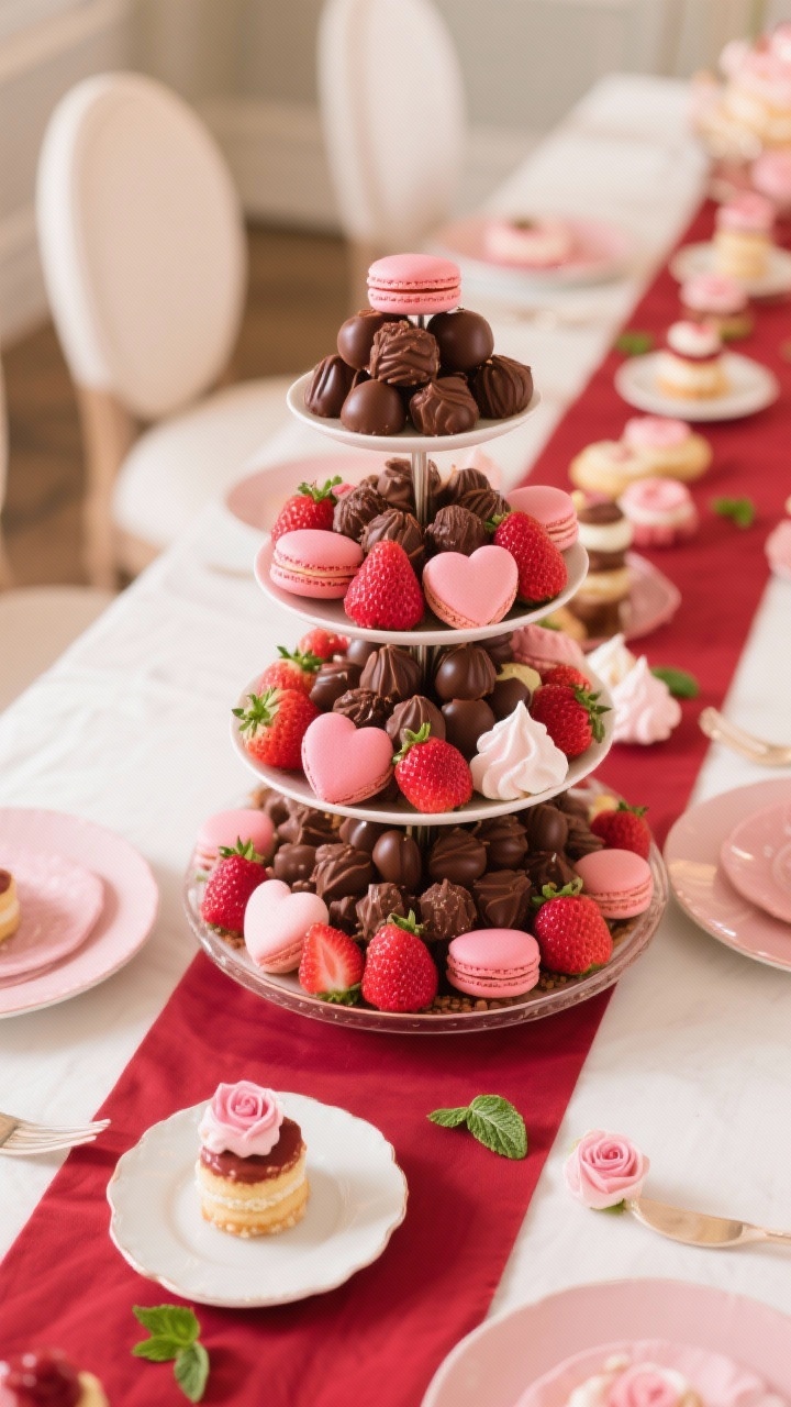 Medium overhead of a dessert-forward centerpiece: a tall tiered stand in the middle piled with chocolate truffles, pink and red macarons, strawberries, and heart-shaped meringues. Smaller plates trail along the runner to vary height. Color story shows deep reds, pale pinks, and creamy whites, with mint leaves and tiny rosebuds tucked between desserts. Soft, enticing lighting that makes sweets gleam without harsh shadows.