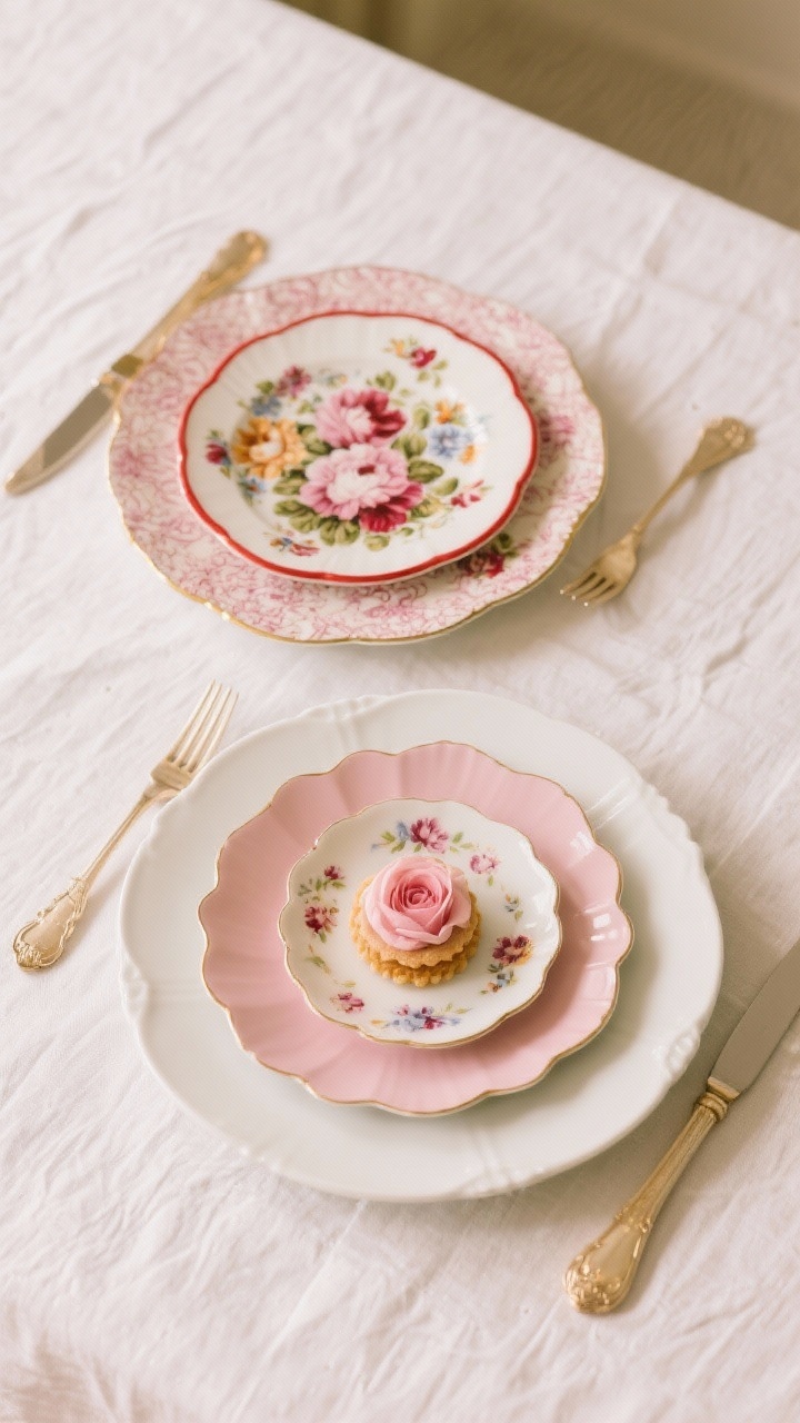 Medium overhead shot of mixed china place settings for two: classic white round dinner plates topped with scalloped blush salad plates and petite floral dessert plates layered on top. A rose-pink, cherry red, and gold color thread ties pieces together; one bold floral pattern balanced with a quiet pattern. Include gold accents subtly in the rim or cutlery, and a shape contrast between round and scalloped edges. Soft ambient light, clean linen tablecloth background.