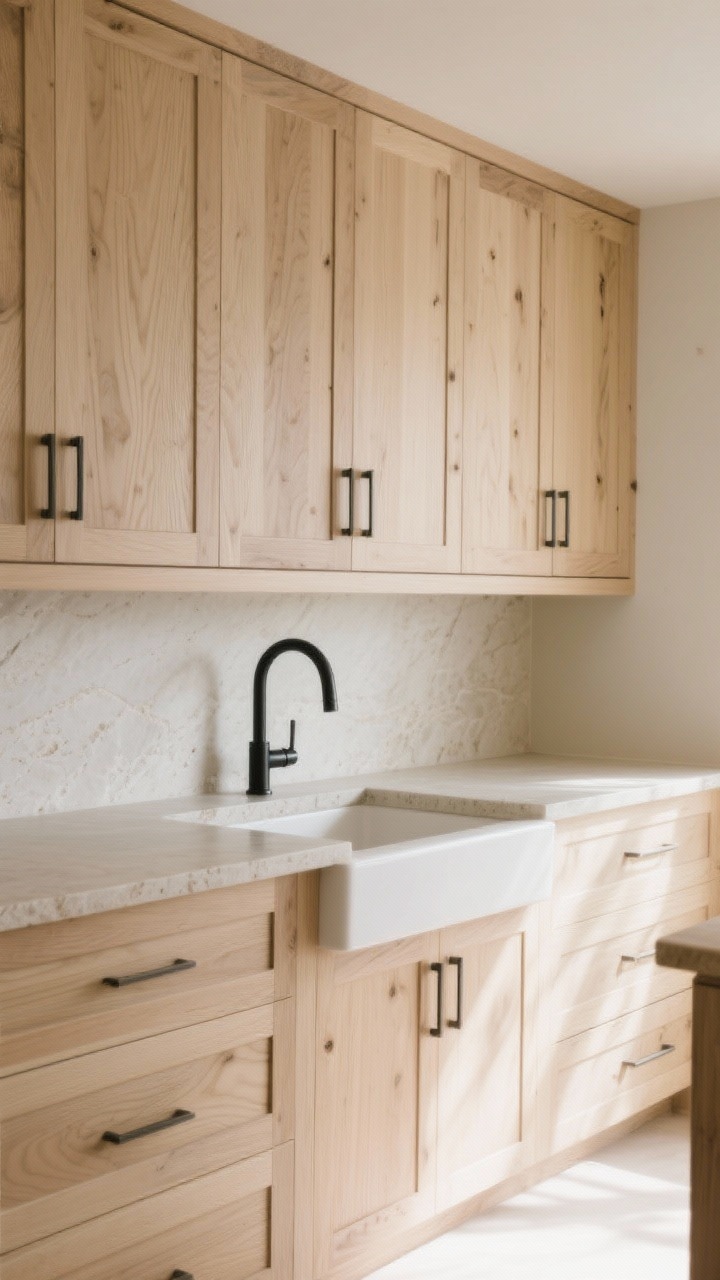 Medium shot: Clean-lined wood cabinetry in rift-cut white oak with flat-panel/slim-shaker doors, integrated wood finger-groove pulls, honed matte finish; paired with light stone counters and a black faucet at a simple sink; warm, calm, timeless mood with natural daylight.