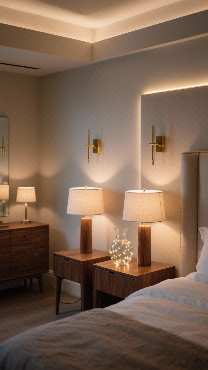 Medium shot focusing on layered mood lighting, no ceiling light visible: matching bedside lamps with soft linen shades on walnut nightstands, dimmed to a warm 2200–2700K glow; slim brass wall sconces above to free nightstand space; a small accent table lamp on a dresser in the background; subtle LED glow strip behind the upholstered headboard; a clear glass vase filled with micro fairy lights on one nightstand for a gentle twinkle; shot from a low corner angle to show multiple light heights.