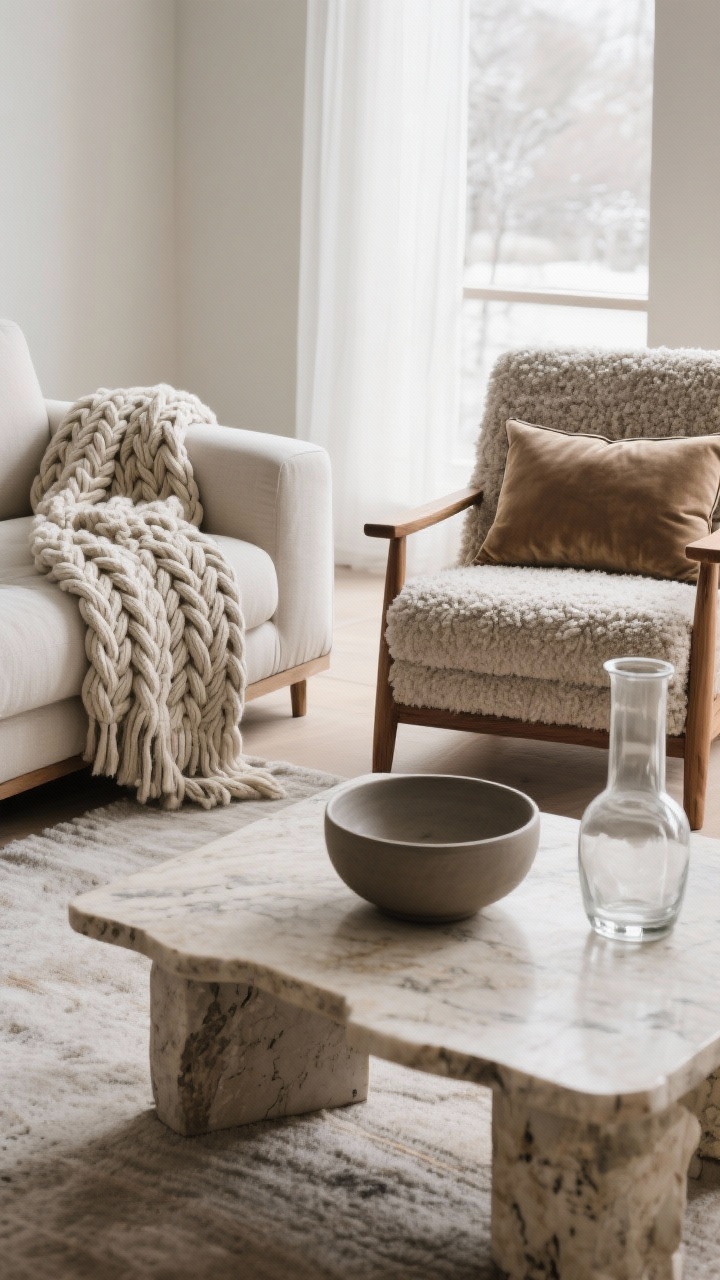 Medium shot focusing on layered textures: a smooth linen sofa draped with a chunky cable-knit throw, a nearby boucle armchair with a suede or velvet lumbar pillow, an oak or travertine coffee table topped with a matte ceramic bowl and a clear glass vase; include matte woods and subtle sheen elements, 5–7 distinct textures visible, soft natural winter light, photorealistic detail.