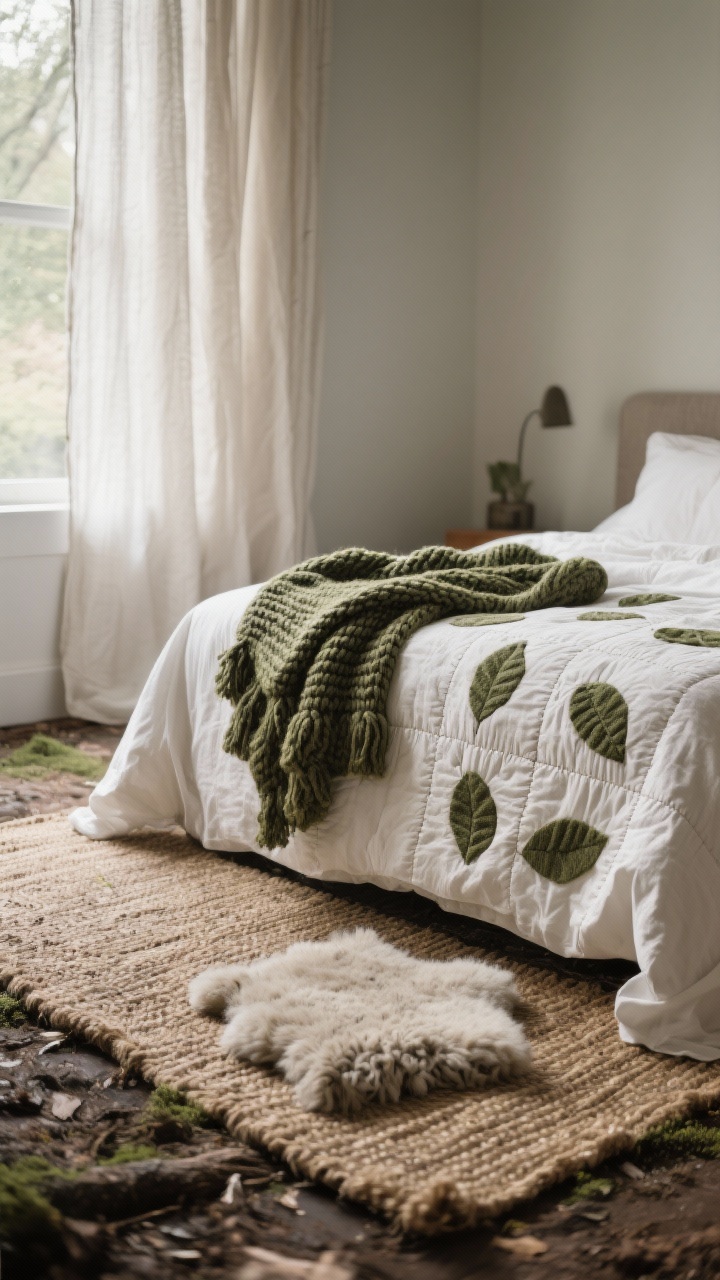 Medium shot focusing on layered textures like a woodland floor: a bed with crisp linen sheets, a chunky knit throw in moss, and a subtly stitched quilt with leaf-like motifs. At the foot, a jute or sisal rug layered with a smaller wool or faux sheepskin. Unlined linen curtains filter light softly. Emphasize tactile surfaces and cozy depth.