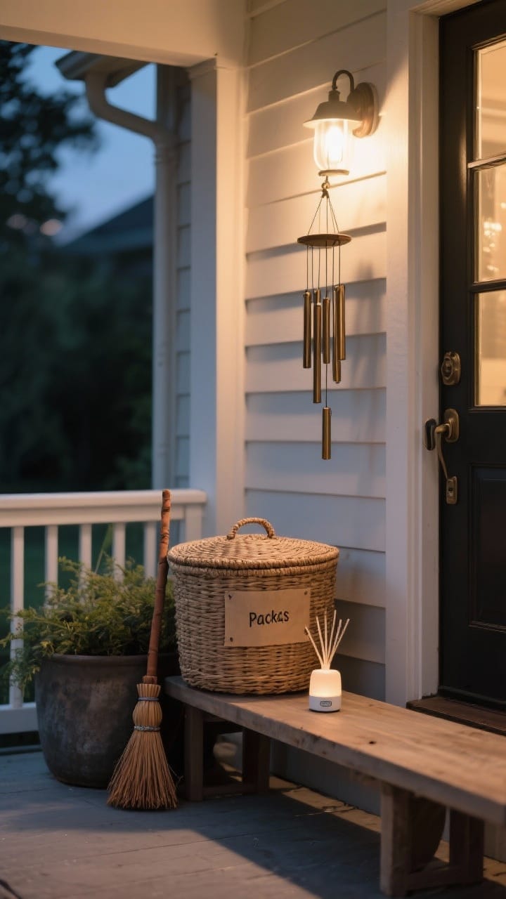 Medium shot focusing on sensory details: a lidded woven basket labeled for packages near the door, a small cinnamon broom subtly tucked beside a planter, and a tiny set of low-tone wind chimes hanging near the frame. Battery-powered diffuser hidden under a bench emitting a light cedar/balsam vibe (suggested visually by discreet placement). Quiet, cozy evening ambiance with soft, warm porch lighting and calm shadows.
