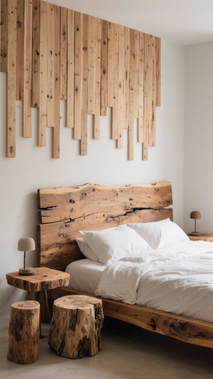 Medium shot highlighting real wood with character: a simple oak or walnut bed frame with a live-edge headboard showing grain and knots, mismatched wooden stump tables as nightstands, and an accent wall of thin wood slats with a lightly waxed finish. Natural, warm light grazing the wood texture; organic, unpolished look.
