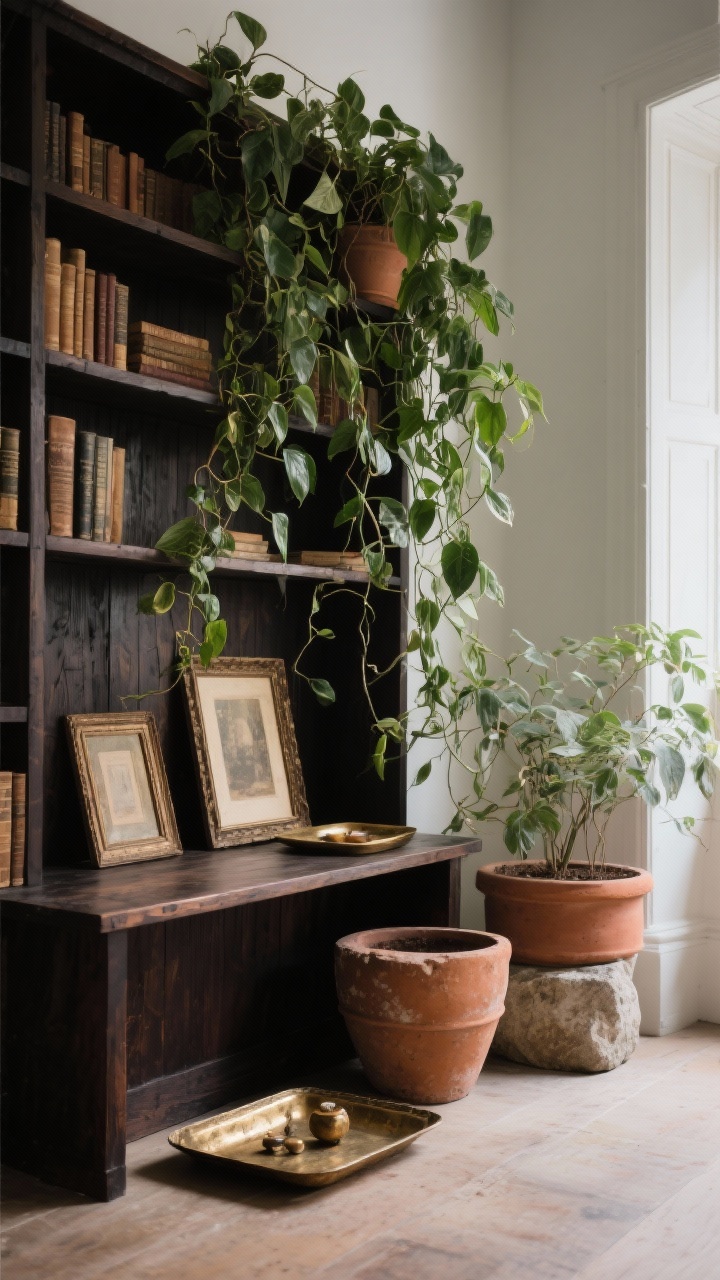 Medium shot: Natural elements vignette with trailing pothos and ivy cascading over a dark wood bookcase, hefty terracotta and stone planters on the floor and shelf, and worn brass trays holding small objects; antique dark wood picture frames lean casually; earthy, balanced composition softening the moody palette; gentle daylight from the side.