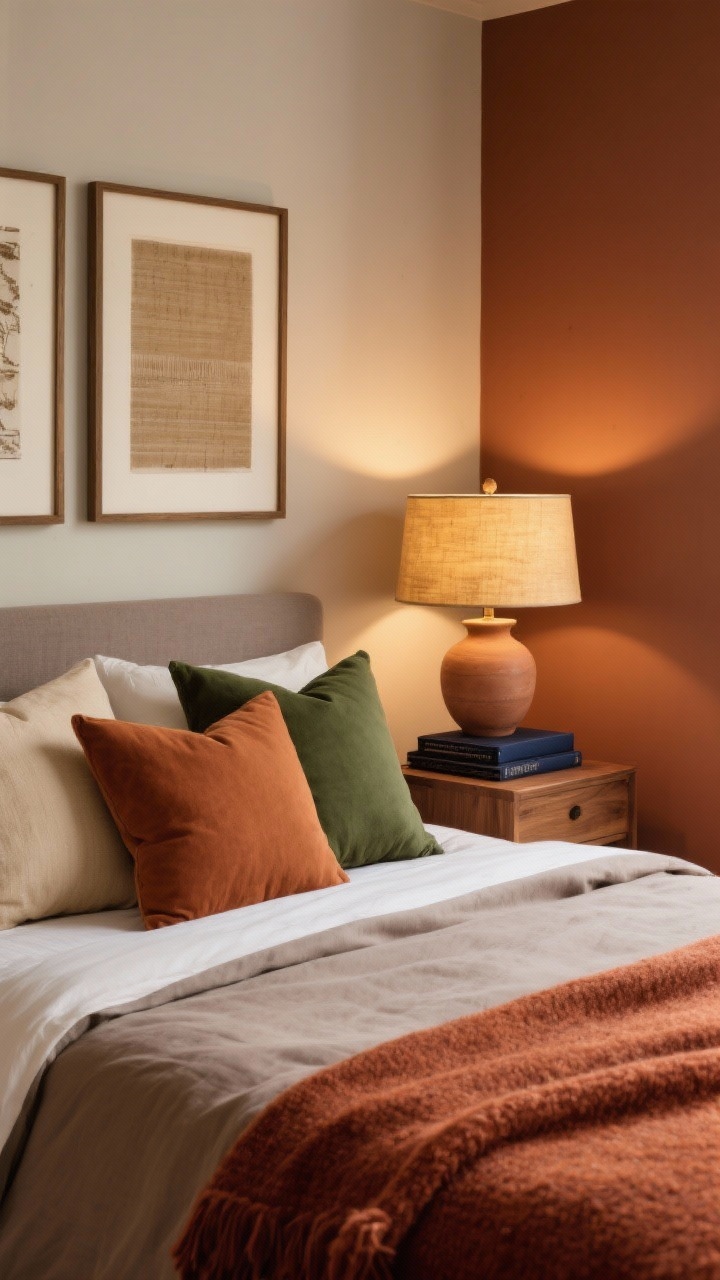Medium shot of a bedroom corner styled in a warm palette refresh: accent pillows in oatmeal, caramel, and forest green on a bed with soft taupe bedding; a rust-toned wool throw at the foot; wood-framed wall art and a parchment-colored lampshade casting a golden 2200K glow; optional combos visible via accessories (clay vase, deep navy book spine) to nod to clay/eggshell/rust and taupe/cocoa/deep navy palettes; shot from a slight corner angle to show color relationships without repainting.