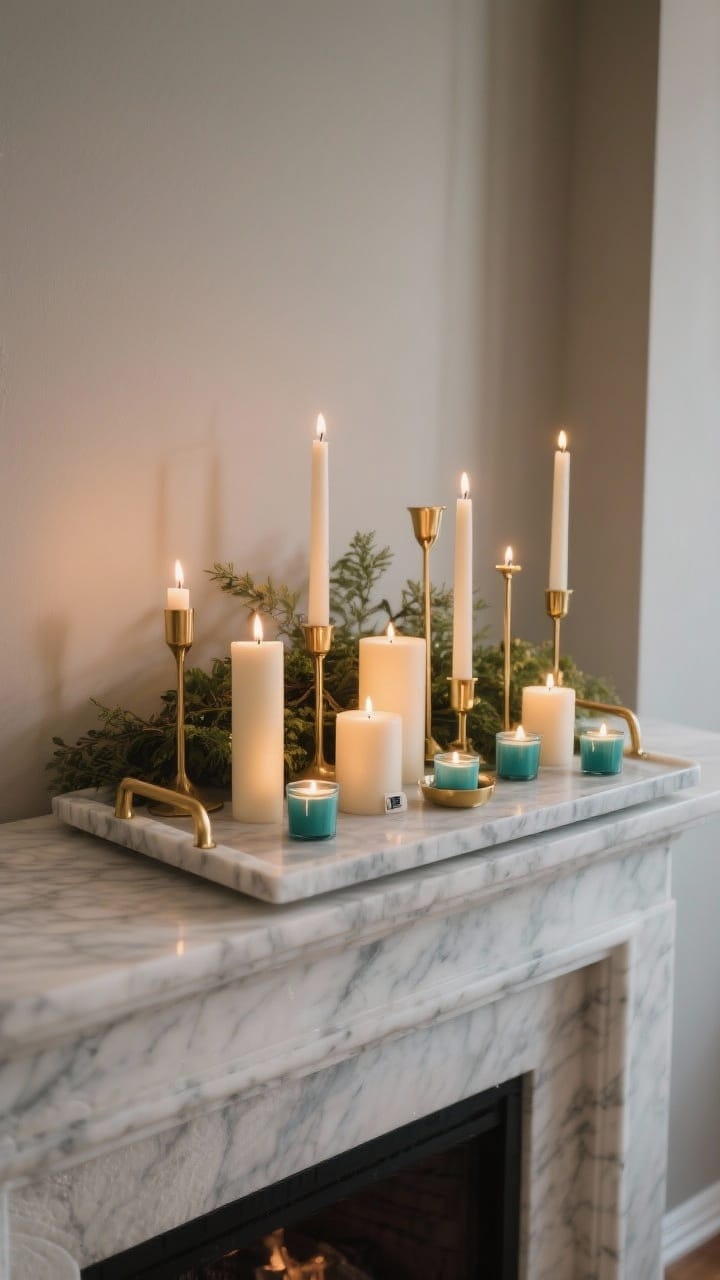Medium shot of a candlelight cluster on a marble tray centered on a mantel: varied-height pillar candles, slender brass taper holders, and scattered tealights; warm, moody glow with soft shadows; battery-operated flameless candles tucked into greenery at the back; brass or marble tray keeps the grouping tidy; neutral backdrop of painted mantel; corner angle to show depth, photorealistic.