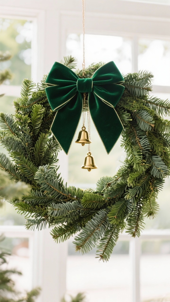 Medium shot of a classic greenery wreath made of noble fir with full volume, crowned by an oversized velvet bow (3-inch width) in forest green; two small gold bell charms hang from the knot; wired ribbon tails drape neatly with angled trims; timeless, luxe mood; straight-on view with soft, even outdoor light