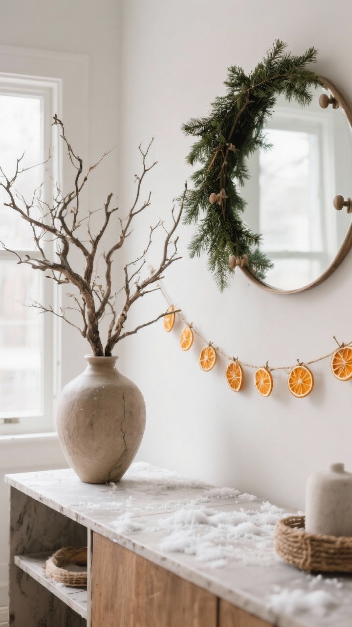 Medium shot of a console table bringing nature indoors: oversized vase with sculptural foraged branches, an evergreen garland draped over a round mirror using removable hooks, and a twine-strung dried orange slice garland across a shelf; subtle winter daylight; fresh, budget-friendly, chic mood; photorealistic.
