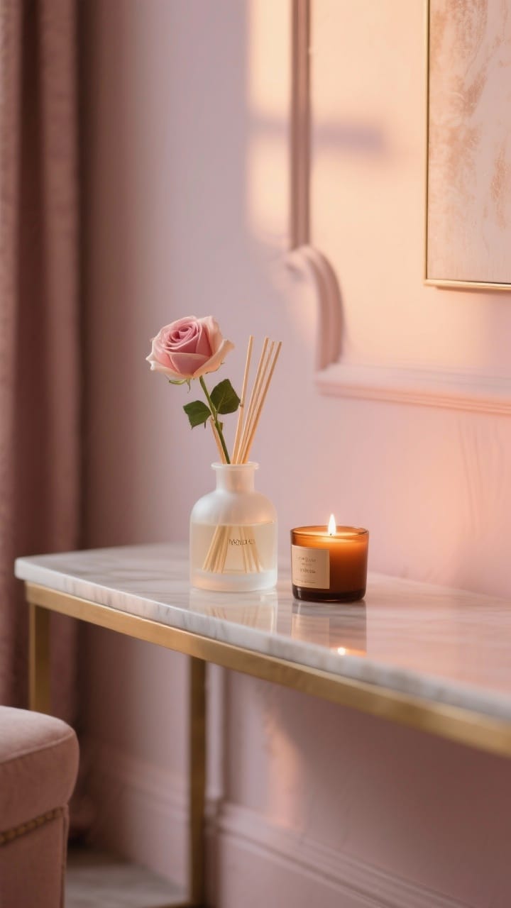 Medium shot of a console with a signature scent vignette: a frosted glass reed diffuser emitting a subtle rose-and-oud aroma, beside a single amber-vanilla candle waiting to be lit; palette of blush and warm neutrals; clean composition that suggests layered, soft fragrance without overpowering; early evening glow with gentle reflections on the console.