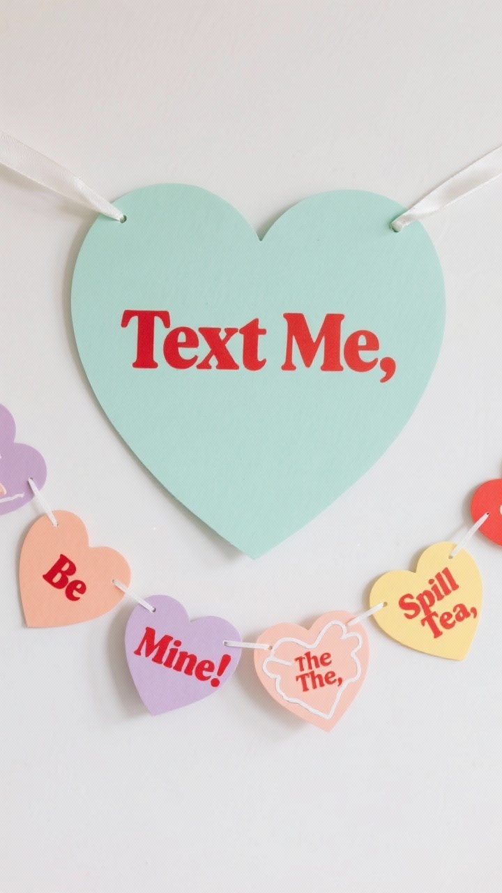 Medium shot of a conversation heart banner: oversized pastel cardstock hearts in mint, peach, lavender, and yellow, each with crisp red lettering reading “Text Me,” “Be Mine,” “Spill The Tea,” and a playful spicy message; white gel pen outlines give a sugary edge; hearts punched at top corners and strung on satin ribbon; mixed sizes with a larger center heart; hung straight-on over a clean white wall for a polished, candy-inspired vibe