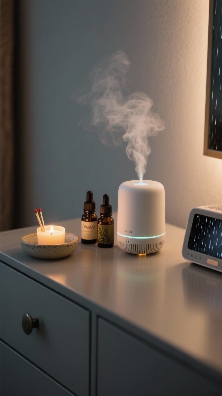 Medium shot of a dresser-top sensory station: a minimalist ultrasonic diffuser emitting a faint mist beside a trio of essential oils (vanilla, cedar, sage); a small candle unlit for safety with matches in a ceramic dish; a compact speaker playing rain sounds implied by a soft display; overall lighting at 2700K, dim and cozy; composition emphasizes subtlety—no overpowering vapor—shot from a three-quarter angle.