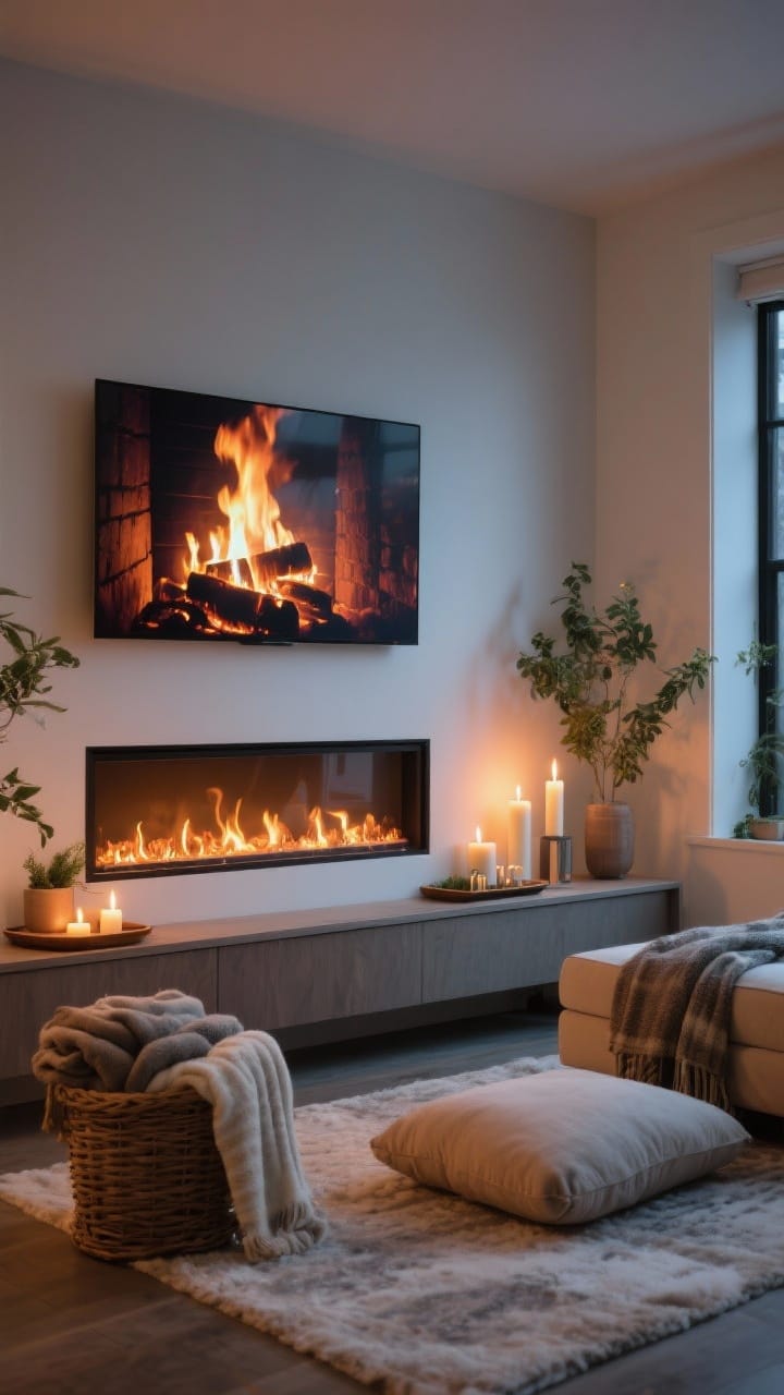 Medium shot of a faux-fireplace setup: a sleek wall-mounted electric fireplace with realistic ember glow, a candle hearth on a nearby tray with pillar candles creating a flickering “fire” effect; TV above showing a crackling fireplace video, console styled with greenery and candles; a basket stacked with blankets and a low floor cushion nearby; warm, enveloping evening light, winter sanctuary mood.