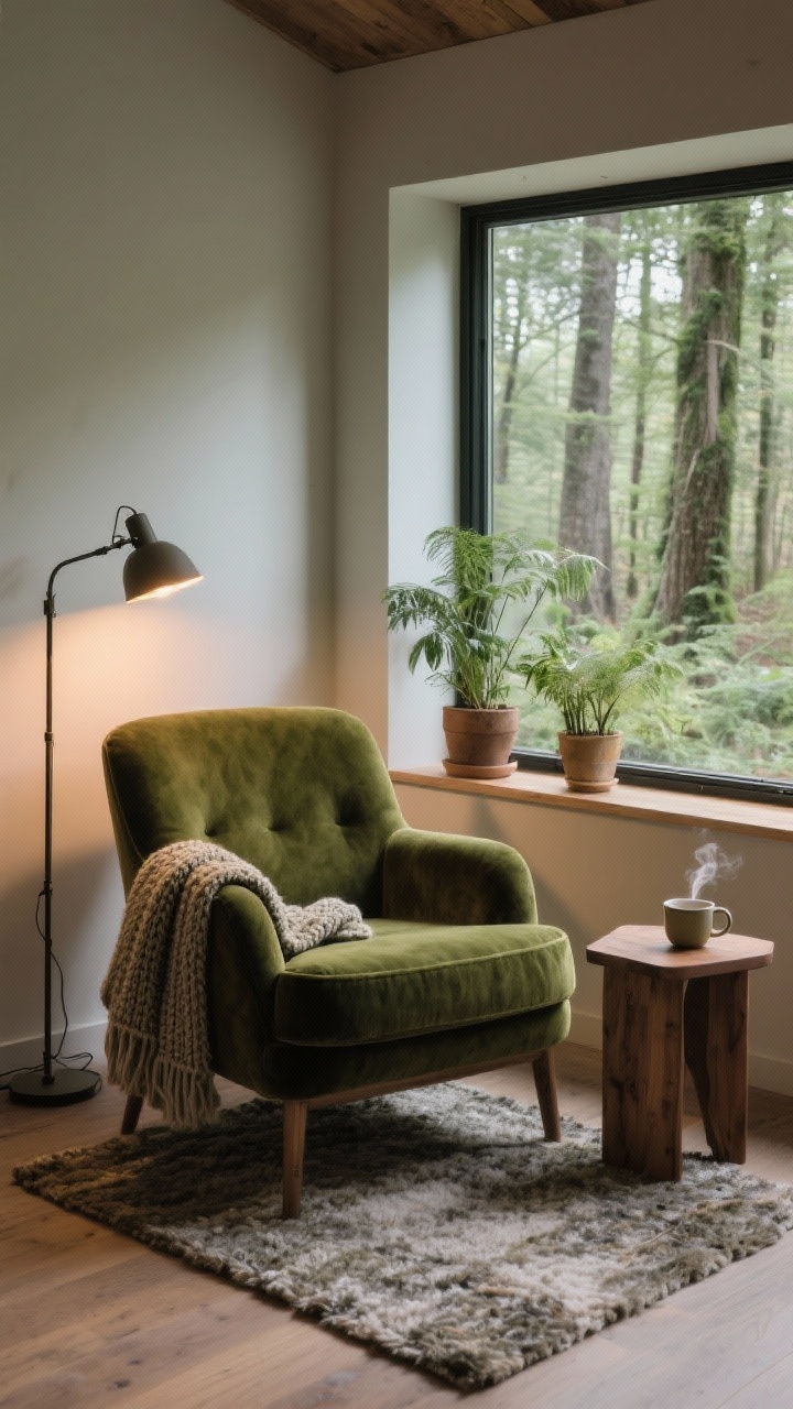 Medium shot of a forest nook: deep, cushy armchair in mossy velvet beside a pivoting floor lamp casting warm focused light, a small wool rug underfoot, knit throw draped over the arm, and a compact wood side table with a steaming tea mug; a trio of plants by the window connects the space to nature; inviting, cocooning mood; corner angle.