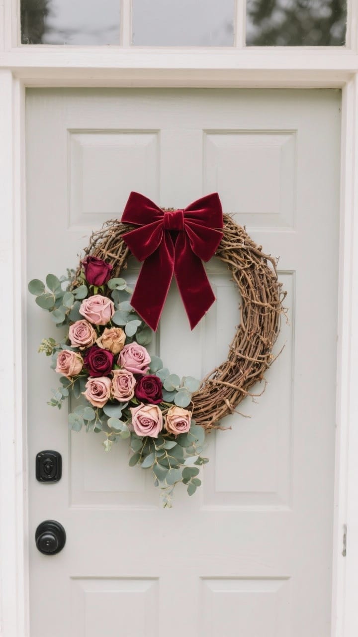 Medium shot of a front door vignette showcasing a heart-stopping Valentine wreath built on a grapevine base, styled with dried roses, eucalyptus, and a wide burgundy velvet ribbon bow; tonal palette of burgundy, blush, and soft greens; matte black door hardware; soft overcast daylight for a luxe, organic feel; no plastic elements.
