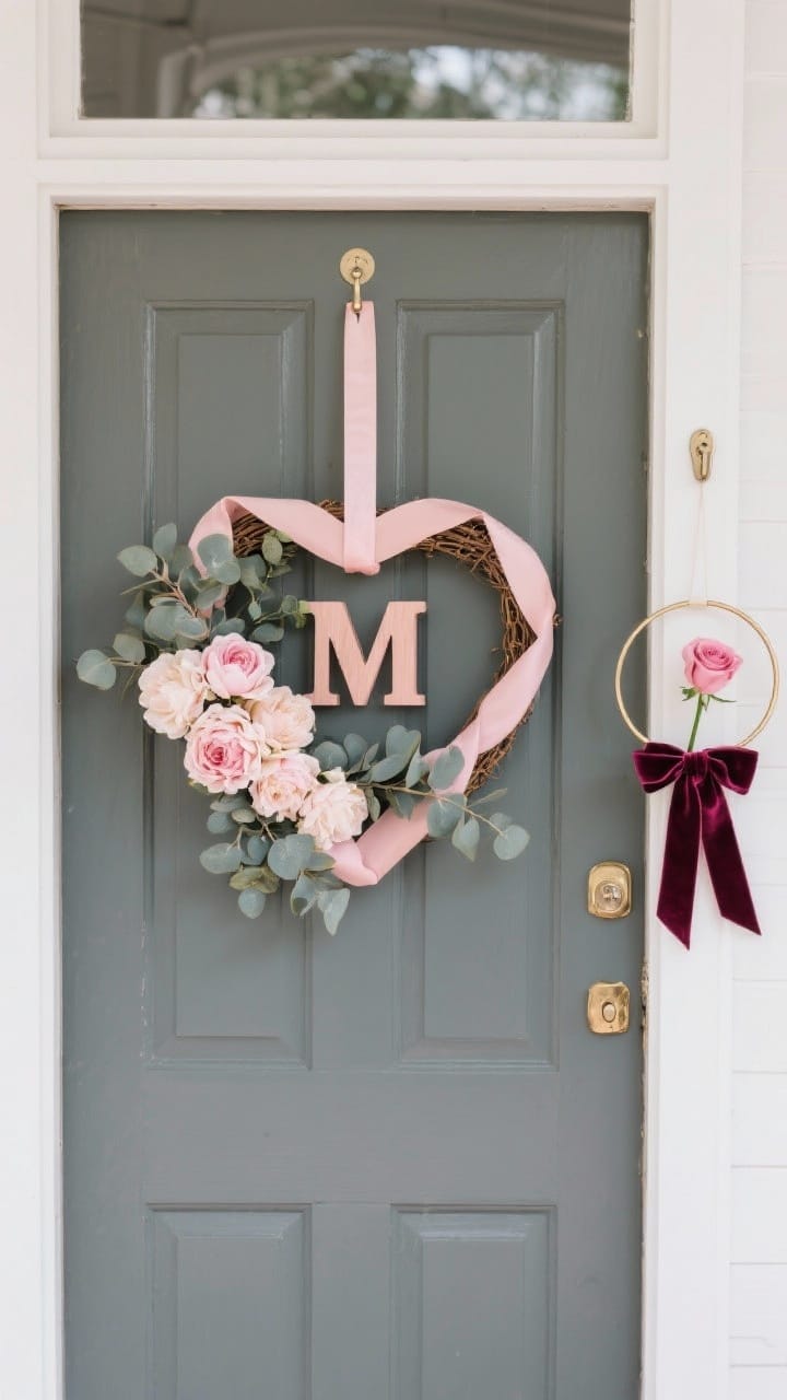 Medium shot of a front door with a heart-stopping Valentine wreath as the focal point: a heart-shaped frame wrapped in blush ribbon, tucked with faux peonies and eucalyptus sprigs, featuring a matte blush wooden monogram initial. Show an over-the-door hook (no nail holes) and a modern minimal brass hoop wreath with a velvet ribbon and single rose hanging beside it for contrast. Soft overcast daylight, clean, chic styling.