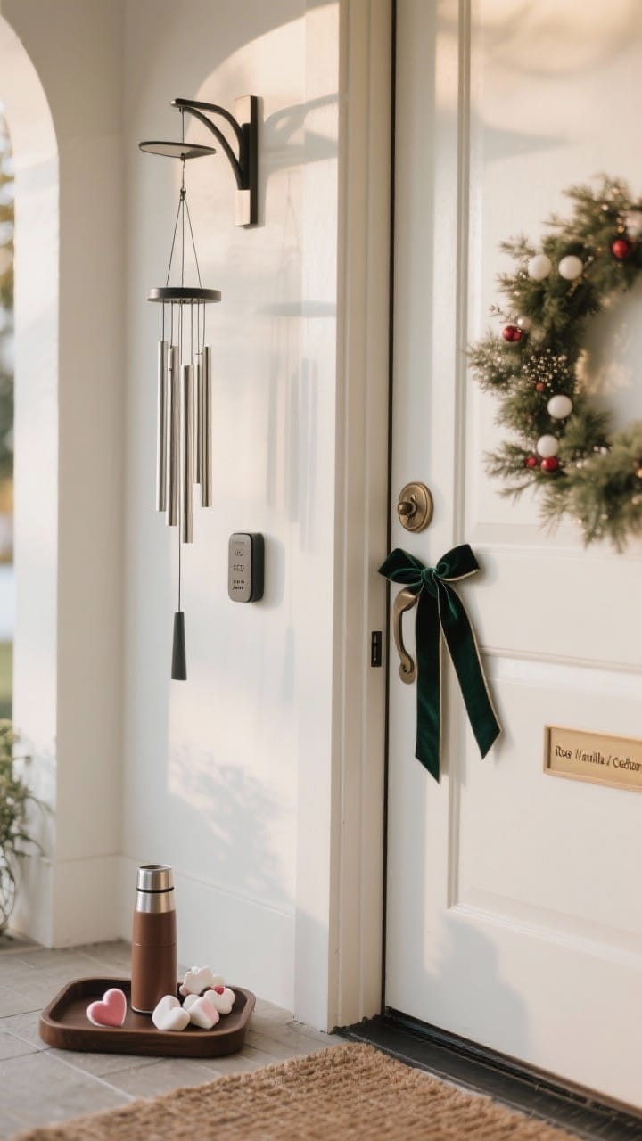 Medium shot of a front entry focusing on sensory finishing touches: a slim modern wind chime hanging beside the door, a discreet battery diffuser near the threshold labeled rose/vanilla/cedar, and a small tray with a thermos of cocoa and heart-shaped marshmallows. Add a thin velvet ribbon tied to the door handle as a subtle holiday nod. Late afternoon light, calm, welcoming ambiance.