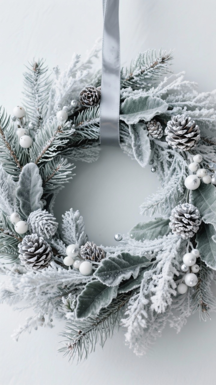 Medium shot of a frosted forest wreath combining flocked pine, dusted cedar, and velvety lamb’s ear leaves, accented with white berries, frosted pinecones, and subtle matte silver elements; finished with a narrow silver-gray ribbon; elegant winter wonderland mood without glitter, photographed straight-on with crisp, diffused cold light that enhances the frosted textures