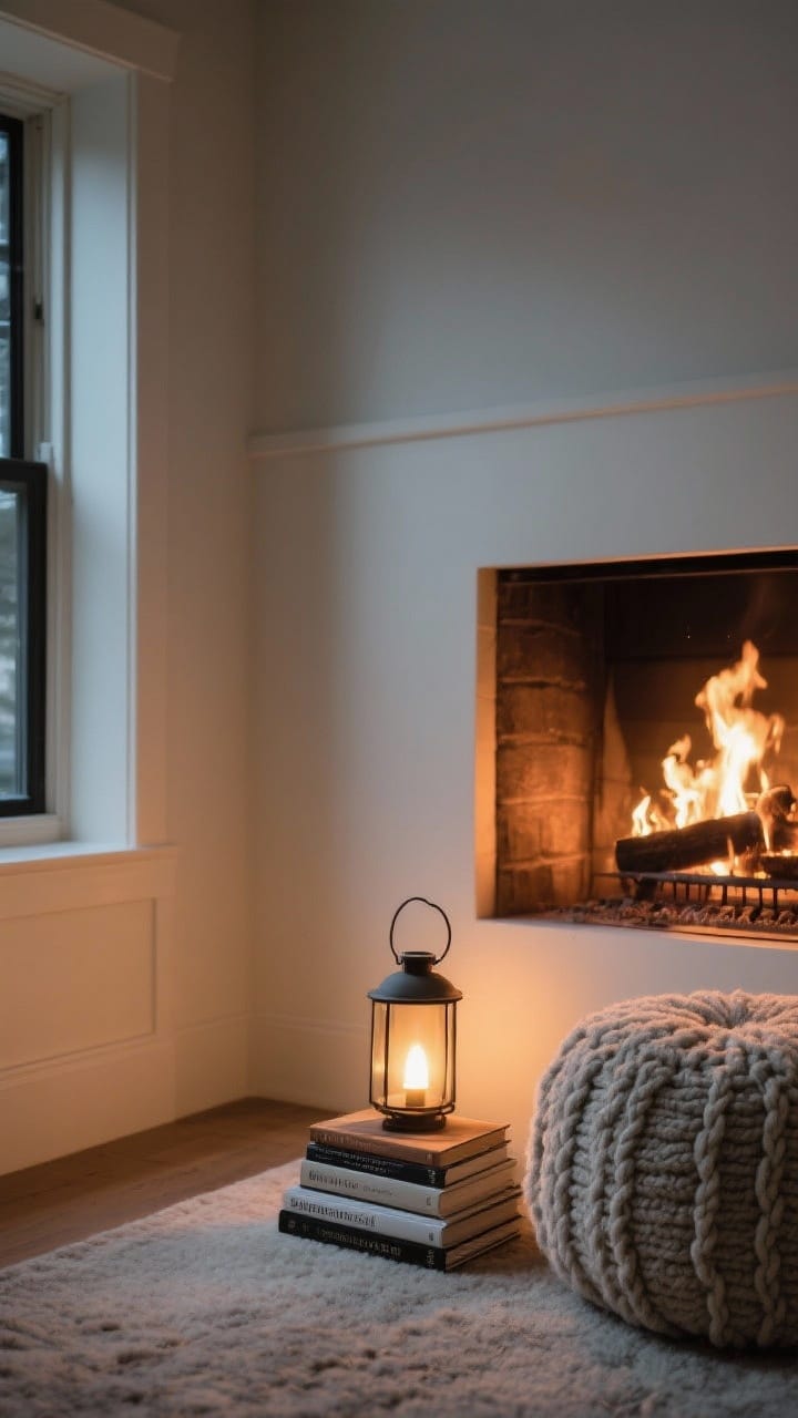 Medium shot of a hearthside reading nook: a boucle pouf beside the fireplace, a small stack of coffee table books on the floor, and a compact lantern-style lamp casting a warm task light; felted wool textures and knit details visible; cozy evening glow from the fire; angled from the room’s corner to show proximity to the hearth, photorealistic.
