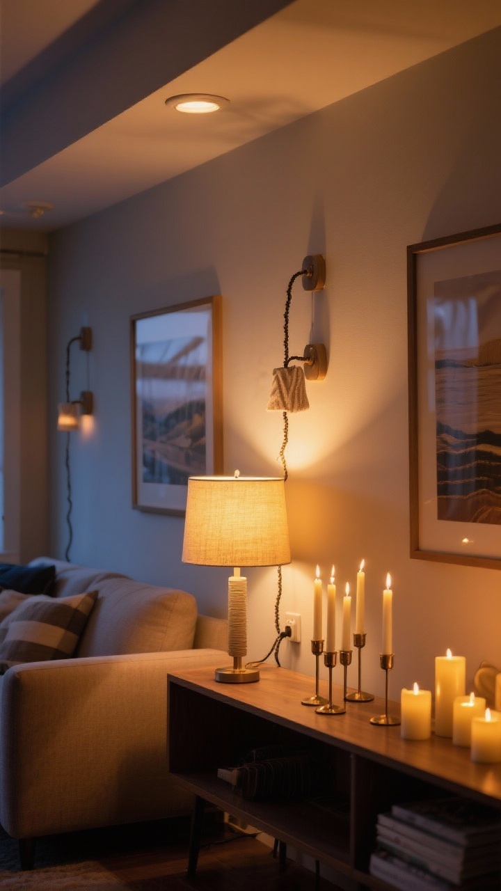 Medium shot of a living room corner at dusk with layered warm lighting: table lamp with a 2700K LED bulb casting a golden glow, renter-friendly plug-in sconces with fabric cords mounted via adhesive hooks flanking artwork, and a cluster of unscented taper candles in holders on a console alongside LED flameless candles on a shelf; overhead light off; warm, cozy ambiance; photorealistic.